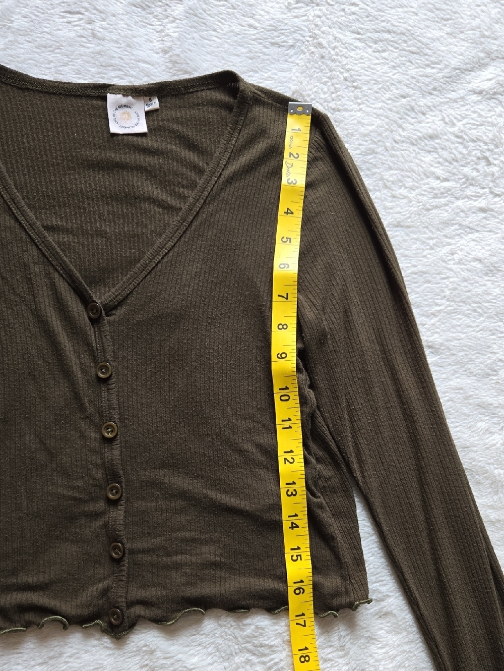 Live in the Moment Ribbed Lettuce Edge Top Small Olive Green Faux Button Front - Picture 5 of 11